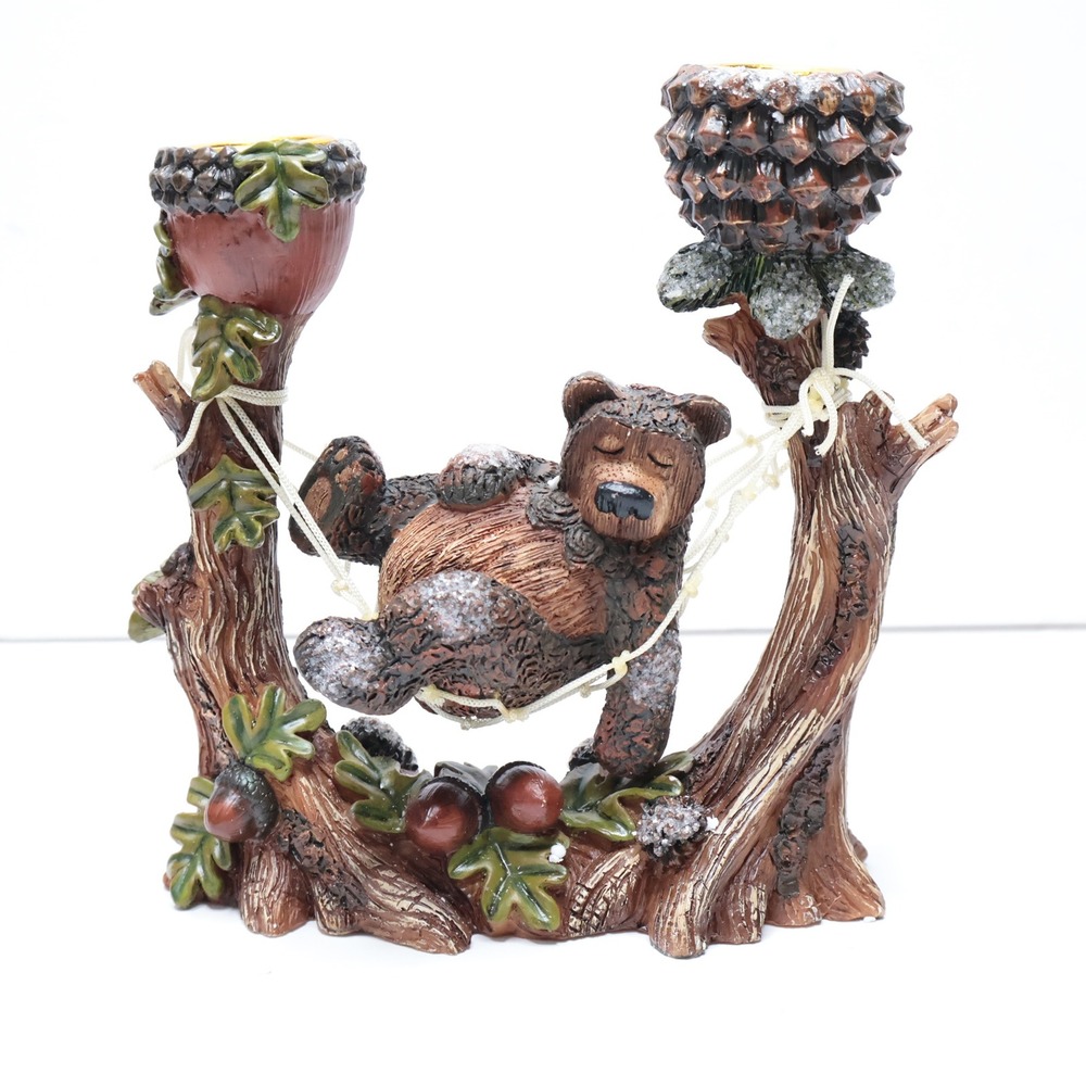 Bear in Hammock Candlestick Holder Rustic Woodland Forest Decor Pinecone Acorn
